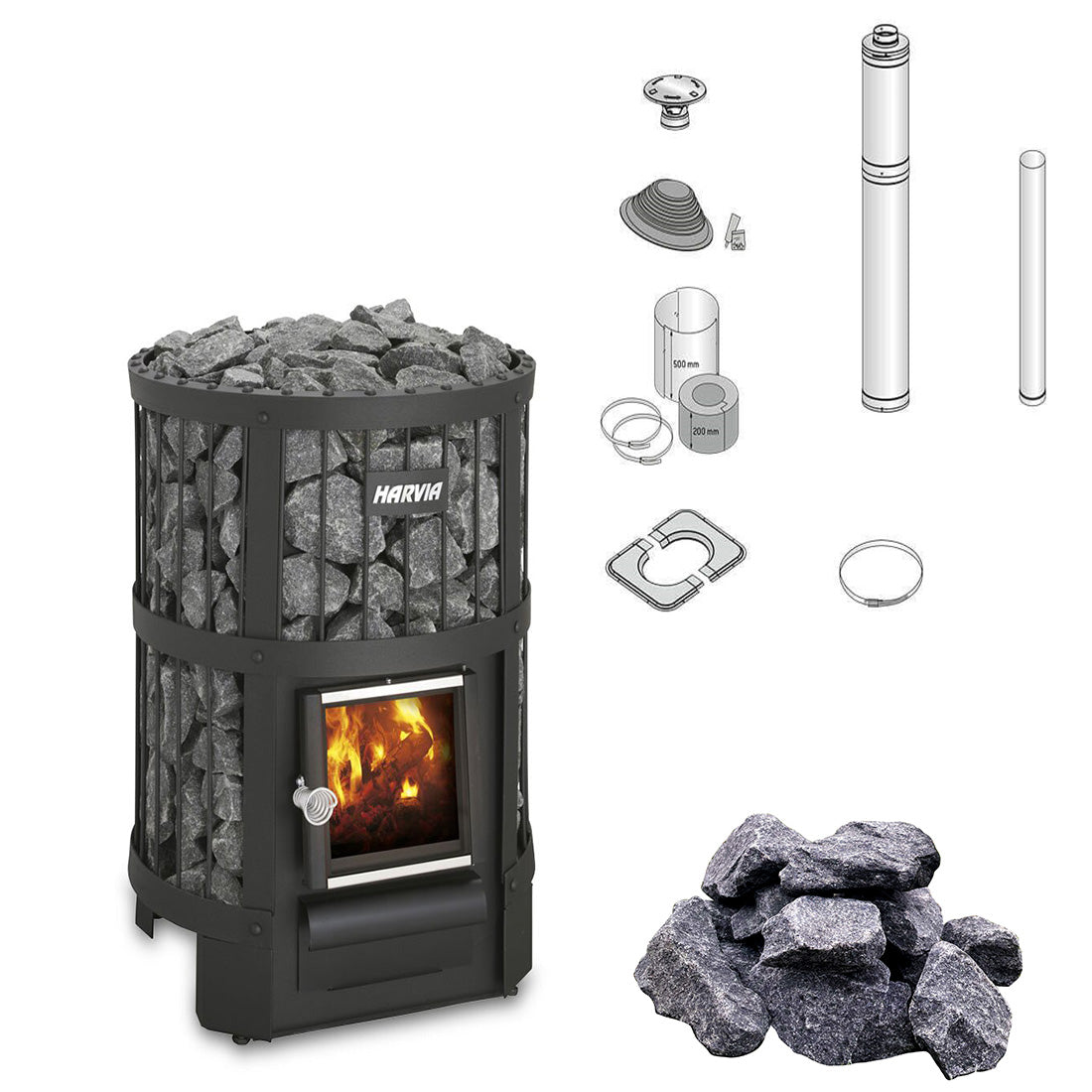 Harvia Legende 240 | Saunakachel hout complete set inclusief schoorsteenset naar keuze + BimSchV niveau 2 + 200 kg originele wellmia® saunastenen 5-10 cm | 21 kW