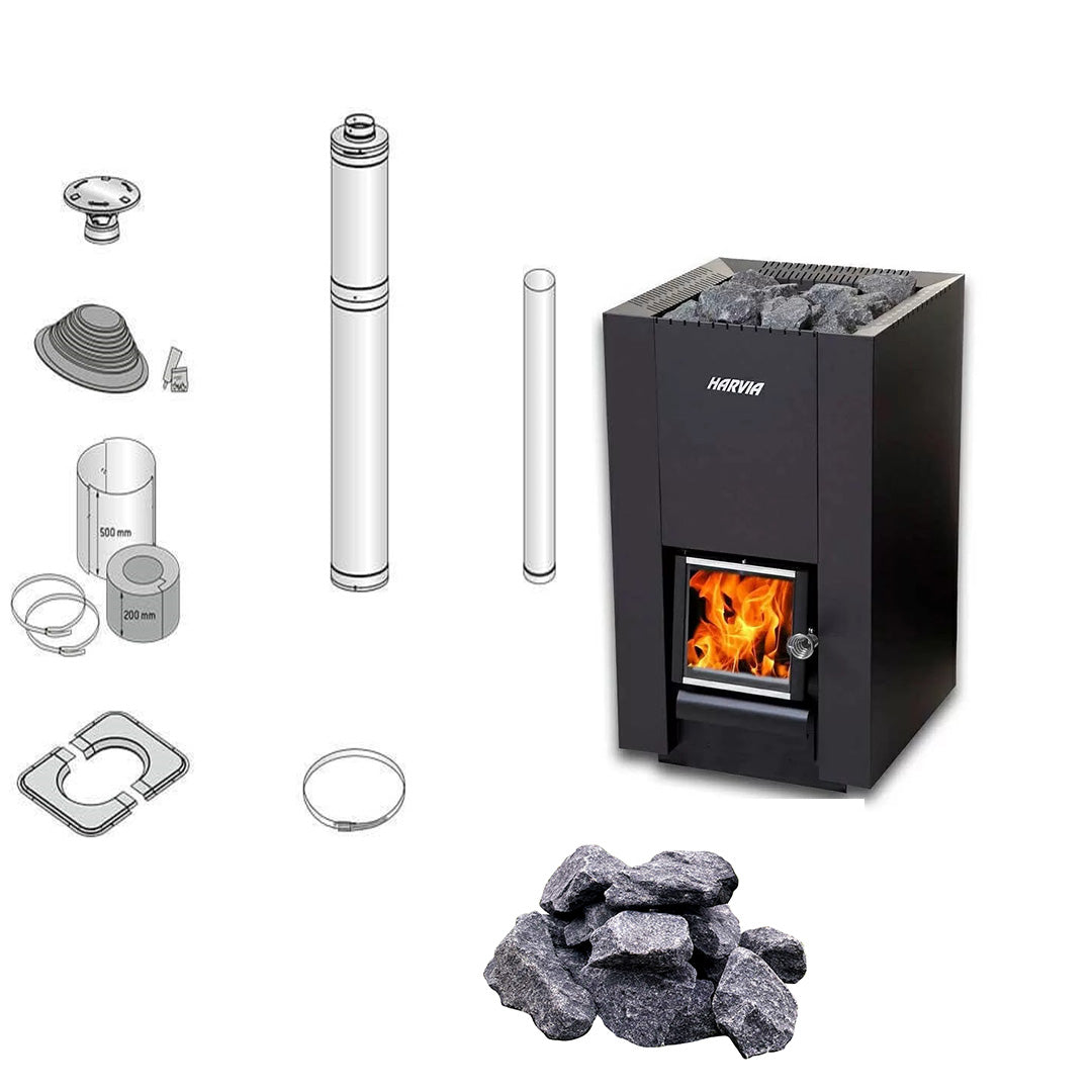 Harvia Linear 18 Compact | Saunaofen Holz Komplettset mit BimSchV Stufe 2 - inkl. Schornsteinset nach Wahl & 40 kg Saunastein | 14,3 kW