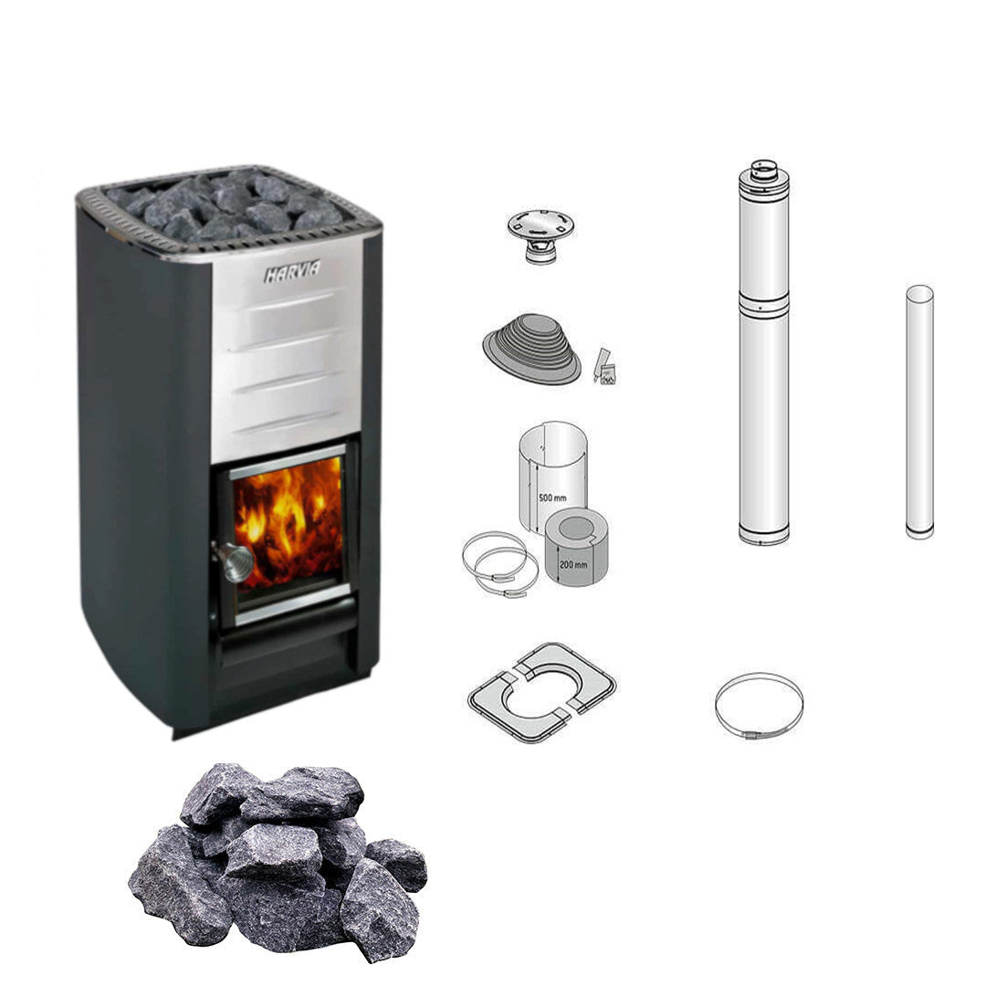 Harvia M3 | Saunakachel hout complete set inclusief schoorsteenset naar keuze + 20 kg originele wellmia® saunastenen 5-10 cm | 16,5 kW